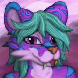 anthro blue_markings cheek_tuft detailed_background eye_glint facial_tuft fangs female fur gold_(metal) gold_tooth hair markings purple_body purple_fur solo spotted_nose teal_hair teeth tongue tongue_out tuft whiskers sultreve felid feline mammal 1:1 absurd_res bust_portrait hi_res portrait