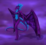 5_fingers anthro barefoot biped blue_eyes breasts digitigrade feet female fingers membrane_(anatomy) membranous_wings midriff non-mammal_breasts purple_background simple_background smile solo spines tail wings selianth mythology dragon mythological_creature mythological_scalie scalie digital_media_(artwork)