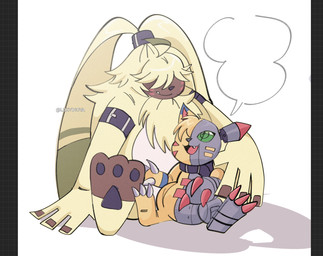 anthro belt cybernetics duo fur green_eyes hair hair_over_eyes long_ears machine male pawpads ponytail_ears sitting size_difference smile yellow_body yellow_fur luxinova bandai_namco digimon angoramon cyborg digimon_(species) felid feline lagomorph leporid mammal maquinamon rabbit hi_res