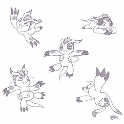 ambiguous_gender belly_rub blush carrying_another claws disembodied_hand duo ear_warmers feral gesture happy humanoid_hands looking_at_viewer lying multiple_poses noseless on_front on_side one_eye_closed pose solo_focus waving nekostar bandai_namco digimon digimon_(species) gomamon 1:1 2025 hi_res monochrome signature