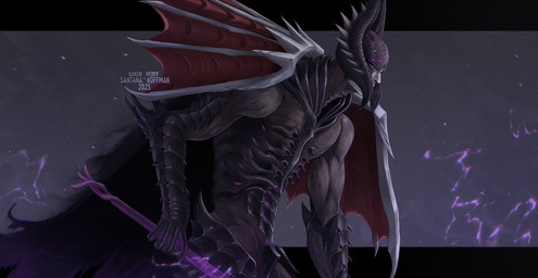 black_horn grey_body holding_melee_weapon holding_object holding_sword holding_weapon horn male male_humanoid melee_weapon membrane_(anatomy) membranous_wings narrowed_eyes purple_eyes red_wings side_view simple_background solo standing sword weapon wings santanahoffman mythology animal_humanoid dragon dragon_humanoid humanoid mythological_creature mythological_scalie scalie half-length_portrait hi_res portrait