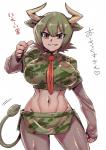 big_breasts bottomwear breasts brown_body brown_eyes brown_hair brown_skin camo camo_print clothed clothing crop_top female grin hair horn legwear midriff navel necktie shirt short_hair skirt smile solo tail tail_tuft text tights topwear tuft tsuki_wani kemono_friends aurochs_(kemono_friends) animal_humanoid aurochs_humanoid bovid bovid_humanoid bovine bovine_humanoid horned_humanoid humanoid mammal mammal_humanoid tailed_humanoid japanese_text translated