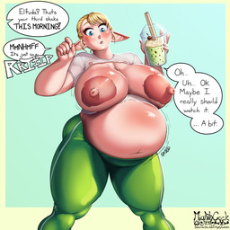 5_fingers areola belly beverage big_areola big_belly big_breasts biped black_text blonde_eyebrows blonde_hair blotchy_areola blue_background blue_eyes blush border breasts cherry clothed clothed_female clothed_humanoid clothing container cup dialogue disposable_cup drinking_straw eyebrow_through_hair eyebrows eyelashes female female_humanoid fingernails fingers food fruit green_background green_border green_clothing green_leggings green_legwear hair holding_milkshake huge_breasts humanoid_pointy_ears leggings legwear light_body light_skin lips long_eyelashes looking_at_self looking_down looking_down_at_self milkshake motion_lines multicolored_clothing multicolored_legwear nails navel nipple_dip nipples not_furry offscreen_character overweight overweight_female overweight_humanoid pink_areola pink_lips pink_nipples plant pointy_ears pupils rumbling_stomach shirt short_hair short_sleeves simple_background solo sound_effects speech_bubble standing t-shirt talking_to_another teeth text tight_clothing topwear torn_clothing torn_shirt torn_topwear translucent translucent_hair two_tone_clothing two_tone_leggings two_tone_legwear wardrobe_malfunction weight_gain white_clothing white_leggings white_legwear white_shirt white_text white_topwear mightycock plus-sized_elf elfuda_(plus-sized_elf) elf humanoid 1:1 2025 absurd_res english_text handwritten_text hi_res signature url