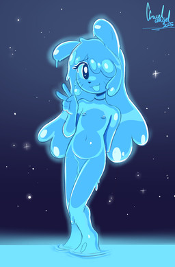 anthro blue_body flat_chested floppy_ears genitals gesture glowing gynomorph hair hair_over_eye hand_gesture intersex looking_at_viewer nipples open_mouth open_smile penis simple_background slime smile solo star v_sign whiskers young young_trans ccruelangel lolitober goo_creature mammal blue_and_white hi_res monochrome trans_(lore) trans_woman_(lore)