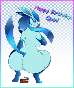 absurd_res anthro anthrofied anus back_boob big_breasts big_butt big_eyes biped birthday blue_eyes blue_hair blue_sclera breasts butt crouching curvy_figure digital_media_(artwork) eeveelution english_text female frozen_yoghurt generation_4_pokemon genitals glaceon hair hi_res huge_butt looking_at_viewer looking_back mammal nintendo nude plantigrade pokemon pokemon_(species) pokemorph presenting presenting_hindquarters pussy r-mk raised_heel raised_tail side_boob small_waist smile solo tail text