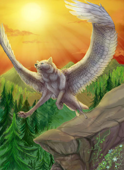 ambiguous_gender black_lips black_nose day detailed_background feathered_wings feathers feral forest fur lips nude outside paws plant solo sun teeth tree white_body white_feathers white_fur wings araivis-edelveys canid canine canis mammal wolf