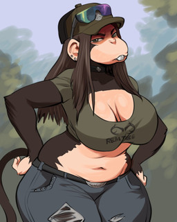 anthro belt big_breasts bottomwear breasts brown_body brown_fur brown_hair buckteeth choker cleavage clothed clothing crop_top denim denim_bottomwear denim_clothing ear_piercing female fur green_eyes hair hand_on_hip hat headgear headwear jeans jewelry long_hair midriff navel necklace pants piercing shirt simple_background slightly_chubby solo standing sunglasses_on_hat tail teeth texas text text_on_clothing text_on_shirt text_on_topwear topwear torn_bottomwear torn_clothing torn_jeans torn_pants rakintor aarin_(redustheriotact) haplorhine mammal monkey primate 2025 4:5 hi_res