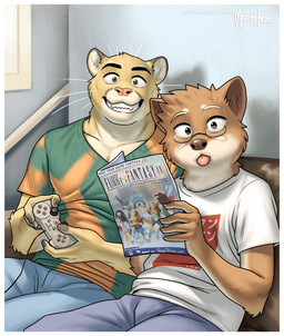 anthro biped blep brown_body brown_fur brown_nose clothed clothing controller duo eyewear fangs fingers fur glasses looking_at_viewer magazine male multicolored_body multicolored_fur pink_nose sitting teeth tongue tongue_out white_body white_fur yellow_body yellow_fur meesh dualshock final_fantasy final_fantasy_ix little_buddy square_enix chris_(meesh) john_(meesh) felid feline mammal