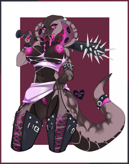abstract_background accessory anthro baseball_bat bat_(object) big_breasts black_teeth boots bottomwear breasts clothed clothing clothing_lift facial_piercing fangs female fishnet_clothing fishnet_legwear flashing footwear furgonomic_piercing furgonomics gauged_snake_hood genital_piercing genitals labia_minora_piercing labia_piercing labia_ring legwear long_tongue low-angle_view navel navel_piercing nipple_piercing nipple_ring nipples non-mammal_breasts non-mammal_nipples nose_piercing nose_ring open_mouth outside piercing pink_eyes ring_piercing shoes simple_background skirt skirt_lift snake_hood snake_hood_piercing solo spiked_bat standing tail tail_accessory teeth thick_thighs thigh_boots thigh_highs tights tongue tongue_piercing torn_clothing vulva vulva_piercing vulva_ring weapon erinnero rose_(deathhydra) cobra reptile scalie snake 2018 hi_res portrait signature three-quarter_portrait