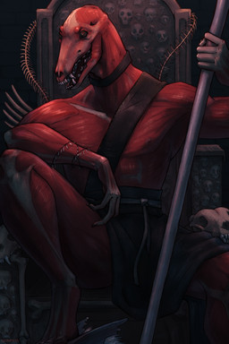 accessory anthro bone brown_eyes chair collar detailed_background fangs fangs_bared feet furniture gore jewelry magic_user male melee_weapon muscular muscular_male necromancer nipples polearm powerful red_body rib_cage silver_(metal) silver_jewelry skeleton skinned skull solo spear teeth throne violence weapon tashiroth canid canine mammal monster reptile scalie snake undead digital_media_(artwork) digital_painting_(artwork) full-length_portrait hi_res painting_(artwork) portrait shaded soft_shading