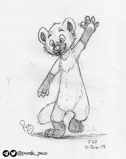 anthro cheek_tuft facial_tuft featureless_crotch fingerpads front_view gloves_(marking) leg_markings logo male male_anthro markings nude open_mouth open_smile pawpads smile socks_(marking) solo standing tail tuft young young_anthro young_male pandapaco species_request 2019 artist_logo dated full-length_portrait monochrome portrait signature sketch