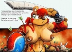 abs anthro armor arrow_(weapon) battle breasts brown_eyes clothing female gauntlets gloves hair handwear logo melee_weapon muscular nipple_piercing nipples piercing profanity ranged_weapon red_hair shield sword text torn_clothing warrior weapon drake_fenwick pepsi bear lagomorph leporid mammal rabbit english_text