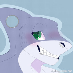 anthro bared_teeth blue_background blush earless facial_piercing fin fin_piercing fish_hook furgonomic_piercing furgonomics gills green_eyes hook lip_piercing male nose_piercing piercing purple_body septum_piercing shy simple_background solo teeth p4rtycr1tt3r james_(halbschwulerhai) aquatic fish shark 1:1