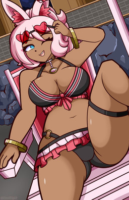 5_fingers bangle beach big_breasts bikini bikini_bottom bikini_skirt bikini_top black_bikini black_clothing black_swimwear blue_eyes breasts brown_body brown_skin chair choker cleavage clothed clothing dark_body dark_skin detailed_background ear_tuft eyewear female fingers frilly frilly_bikini frilly_clothing frilly_swimwear furniture glasses gold_(metal) gold_jewelry hair heart_sunglasses holding_eyewear holding_object holding_sunglasses humanoid_hands jewelry lifting_glasses necklace on_chair one_eye_closed open_mouth pink_bikini pink_clothing pink_hair pink_swimwear red_eyewear red_glasses sitting sitting_on_chair smile solo sunglasses sunglasses_lift swimwear tan_body tan_skin text tied_hair tuft two-piece_swimsuit upskirt wink monolith_tk cheri_(monolithtk) animal_humanoid humanoid lagomorph lagomorph_humanoid leporid_humanoid mammal mammal_humanoid rabbit_humanoid 2026 absurd_res artist_name hi_res