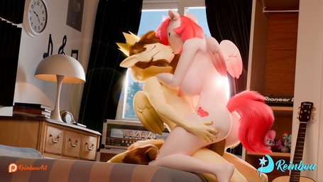 acoustic_guitar amplifier anthro bed bedroom butt cowgirl_position cutie_mark duo eyes_closed feathered_wings feathers female female_penetrated from_front_position furniture genitals guitar hair hand_on_butt kissing male male/female male_penetrating male_penetrating_female musical_instrument nude nude_anthro nude_female nude_male on_bottom on_top penetration penile penile_penetration penis plucked_string_instrument romantic romantic_couple romantic_sex sex string_instrument tail wings reinbou friendship_is_magic hasbro my_little_pony mythology youtube youtube_creator_awards manta_(mantanova) pinkie_pie_(mlp) prince_whateverer rainbow_dash_(mlp) twilight_sparkle_(mlp) equid equine horse mammal mythological_creature mythological_equine pegasus pony 3d_(artwork) digital_media_(artwork) hi_res