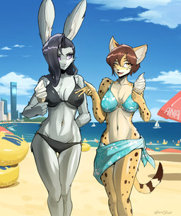 anthro arm_tuft beach beach_umbrella big_breasts bikini black_bikini black_clothing black_hair black_swimwear blue_bikini blue_bikini_top blue_clothing blue_sarong blue_sky blue_swimwear breasts brown_hair chest_tuft city clothing collarbone countershade_fur countershading dessert duo elbow_tuft eyebrows eyelashes female female_anthro food fur grey_body grey_fur hair hair_over_eye hand_behind_back holding_food holding_ice_cream holding_object ice_cream inner_ear_fluff markings navel navel_piercing o-ring_bikini_top one_eye_closed outside parasol pattern_bikini pattern_clothing pattern_swimwear piercing purple_eyes sarong short_hair shoulder_tuft skinny_anthro skinny_female sky spots spotted_body spotted_fur swimwear tan_body tan_fur text thigh_gap tuft two-piece_swimsuit white_body white_fur wink yellow_body yellow_eyes yellow_fur endjfcar claire_(427deer) rachel_(endjfcar) felid lagomorph leopard leporid mammal pantherine rabbit 2024 absurd_res artist_name hi_res korean_description