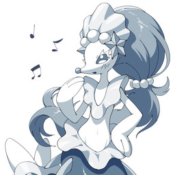 accessory ambiguous_gender blush blush_lines eyelashes feral hair hair_accessory hand_on_hip long_hair mermaid_tail midriff musical_note musical_symbol navel open_mouth open_smile simple_background singing smile solo split_form symbol white_background noye nintendo pokemon aquatic generation_7_pokemon merfolk pokemon_(species) primarina 1:1 2025 blue_and_white digital_media_(artwork) hi_res monochrome portrait three-quarter_portrait