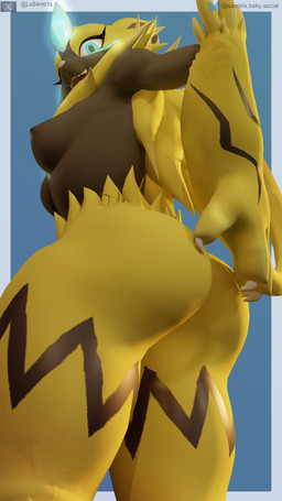 anthro areola athletic athletic_female big_butt black_areola black_nipples blue_eyes breasts butt erect_nipples female fur glowing glowing_markings looking_at_viewer markings medium_breasts nipples nude nude_anthro nude_female slim small_waist solo tail thick_thighs yellow_body yellow_fur samtrix warfaremachine_(modeler) nintendo pokemon warfare_zeraora felid feline generation_7_pokemon legendary_pokemon mammal pokemon_(species) zeraora 3d_(artwork) 4k 9:16 absurd_res digital_media_(artwork) hi_res