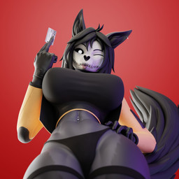 anthro bangs barbell_piercing big_breasts black_hair blep bone breasts clothing ear_piercing ear_ring female fingerless_gloves gloves hair hand_on_hip handwear legwear looking_down low-angle_view navel navel_piercing one_eye_closed panties piercing ring_piercing skull skull_head solo tail thick_thighs thigh_highs tongue tongue_out underwear white_eyes wide_hips wink vllrukkin monolitwec_(modeler) scp_foundation scp_secret_labratory scp-1471-a canid canine malo mammal 1:1 3d_(artwork) digital_media_(artwork) hi_res