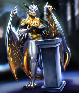 2_horns anthro castle claws crown gem glistening glistening_body golden_body hair headgear horn male membrane_(anatomy) membranous_wings muscular muscular_anthro muscular_male pedestal ruby_(gem) smoke solo white_body white_hair wings yellow_eyes bakas0baka mythology dragon mythological_creature mythological_scalie scalie absurd_res hi_res