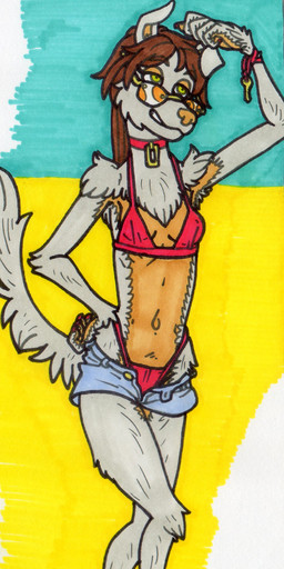 beach clothing collar eyewear female fur grey_body grey_fur solo sunglasses swimwear spacewhaleworship puppy_dogmen_(spacewhaleworship) hi_res traditional_media_(artwork)