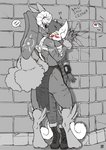 2020 2_tails 4_fingers ?! anthro bethesda_softworks big_breasts black_sclera blush bodily_fluids boots bottomwear bovid_horn breasts brick_wall caitlyn_(swordfox) caprine_horn chest_wraps clothing cracked_wall cracks crossover curled_horn damaged_wall dominant dominant_female duo exclamation_point fallout fallout:_pca felid feline female female_dominating_female fingers footwear generation_4_pokemon generation_6_pokemon heart_symbol hi_res horn jumpsuit lagomorph leporid loincloth long_ears lopunny maddi'maul_(s-nina) mammal markings meowstic microsoft multi_tail muscular muscular_female nintendo pinned pinned_to_wall pip-boy pokemon pokemon_(species) pokemorph ram_horn rear_view red_eyes s-nina scar size_difference speech_bubble submissive submissive_female sweat sweatdrop tail tattoo text tribal tribal_markings tribal_tattoo wall_(structure) watermark wraps yellow_sclera