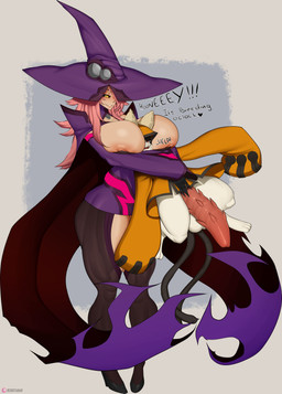 2_tails 3_toes anthro assertive_female assertive_human balls big_balls big_breasts big_penis bottomless bottomless_anthro bottomless_male bottomwear breast_squeeze breast_squish breasts cape clothed clothing curvy_figure denim denim_bottomwear denim_clothing dirty_talk dominant dress duo exposed_breasts feet female female_on_anthro flaccid footwear fur genitals hair hair_over_eye hat head_between_breasts headgear headwear hood hoodie hug hugging_another hugging_from_behind human_on_anthro husband_and_wife imminent_sex interspecies interspecies_domination jeans larger_female larger_human lifting long_hair long_sleeve_shirt long_sleeves magic_user male male/female male_on_human married_couple multi_tail nipples orange_clothing pants penile_spines penis pink_hair purple_clothing red_penis semi-anthro simple_background size_difference small_but_hung smaller_anthro smaller_male smile squeezing squish standing tail talking_to_another talking_to_partner text thick_thighs toes topwear white_body white_fur wide_hips witch witch_hat yellow_eyes r3dstar69 arc_system_works blazblue jubei_(blazblue) nine_the_phantom beastkin felid feline human mammal absurd_res english_text hi_res shaded signature
