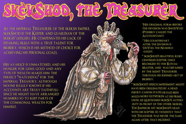 anthro beak elderly fangs gown multi_limb renaissance_architecture renaissance_clothing speech_bubble teeth text skekla_(artist) the_dark_crystal skekshod_the_treasurer alien skeksis comic english_text hi_res model_sheet herm_(lore)