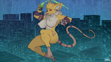 anthro big_breasts bread breasts can container ear_piercing female food food_in_mouth fur holding_can holding_container holding_object multicolored_body multicolored_fur nude nude_anthro nude_female piercing solo tail toast two_tone_body two_tone_fur white_body white_fur yellow_body yellow_fur yawg bandai_namco digimon warhammer_(franchise) digimon_(species) hybrid mammal murid murine rat renamon rodent skaven 2026 hi_res