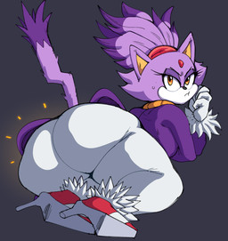 anthro big_butt black_nose bodily_fluids bottomwear breasts butt clothing dipstick_tail eyelashes female footwear forehead_gem gem gloves grey_background handwear high_heels huge_butt looking_at_viewer looking_back looking_back_at_viewer markings orange_eyes pants pouting purple_clothing purple_topwear rear_view red_clothing red_footwear red_shoes shoes simple_background solo sweat sweatdrop tail tail_markings thick_thighs topwear white_bottomwear white_clothing white_gloves white_handwear white_pants wide_hips emboquo third-party_edit goldsden_(colorist) sega sonic_the_hedgehog_(series) blaze_the_cat domestic_cat felid feline felis mammal 2023 hi_res