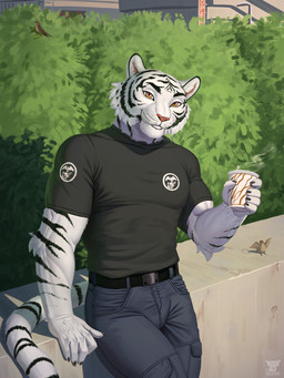 anthro beverage biceps bottomwear clothed clothing container cup feathers feral fingers fur holding_container holding_cup holding_object looking_at_viewer male muscular muscular_anthro muscular_male outside pants plant shirt smile solo stripes tail topwear white_body white_fur hacatiko avian bird felid mammal pantherine tiger digital_media_(artwork) hi_res