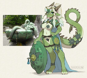 accessory anklet anthro armor barbel_(anatomy) big_breasts blonde_hair breasts claws female flesh_whiskers furgonomics green_body hair horn jewelry navel nipple_outline nipples non-mammal_breasts non-mammal_navel non-mammal_nipples pasties pauldron ponytail shield solo tail tail_accessory text unconvincing_armor waspsalad mythology dragon eastern_dragon mythological_creature mythological_scalie scalie 2025 chinese_text hi_res
