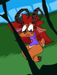 anthro bands big_butt bottomless bouncing brown_body butt clothed clothing curled_horn curved_horn detailed_background female forest grass hair hooves hopping horn jumping looking_at_viewer outside plant red_hair running shirt solo thick_thighs topwear tree roksim faun animated hi_res short_playtime