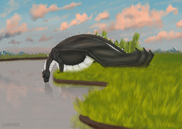belly belly_expansion belly_on_ground big_belly black_body claws detailed_background drinking drinking_water expansion feral horn huge_belly inflation lake liquid_inflation male membrane_(anatomy) membranous_wings multicolored_body nature nature_background paws solo spikes tail text two_tone_body water_inflation wings lunhiss mythology dragon mythological_creature mythological_scalie scalie 2024 artist_name digital_drawing_(artwork) digital_media_(artwork) hi_res shaded widescreen