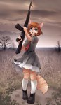 anthro assault_rifle bad_trigger_discipline biped blue_eyes clothing detailed_background dress female female_anthro footwear freckles fur grass gun hair holding_gun holding_object holding_ranged_weapon holding_rifle holding_weapon orange_body orange_fur orange_hair outside pink_nose plant ranged_weapon rifle shoes solo standing tree weapon white_knee_socks iskra vera_(iskra) domestic_cat felid feline felis mammal 2014 digital_media_(artwork) full-length_portrait portrait shaded