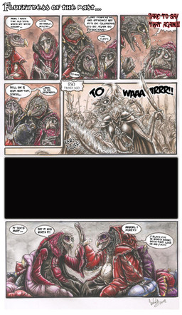 anthro beak clothed clothing dialogue duo elderly fangs fully_clothed gesture gown happy high_five humor inside multi_limb renaissance_clothing smile speech_bubble teeth text skekla_(artist) the_dark_crystal skekla_the_illustrator skeksil_the_chamberlain alien skeksis 2018 absurd_res comic english_description english_text hi_res signature herm_(lore)