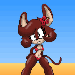 accessory anthro beach big_ears bikini breasts brown_body brown_fur brown_hair buckteeth clothed clothing eyelashes female flower flower_in_hair fur hair hair_accessory hand_on_hip medium_breasts navel outside plant red_bikini red_clothing red_swimwear sand seaside simple_background sky smile solo swimwear tail teeth thick_thighs thin_tail two-piece_swimsuit under_boob wide_hips chunkiroll_(artist) smellslikebuter maria_o'brown mammal mouse murid murine rodent 1:1 digital_media_(artwork)