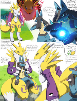 3_fingers abs angry anthro arm_tuft armwear athletic aura biceps big_breasts big_butt black_body black_claws black_fur black_nose black_sclera blue_eyes blush blush_lines bodily_fluids breasts bridal_gauntlets butt cheek_tuft claws clothing countershading cuddly curvy_figure deltoids dialogue digiegg double_tomoe duo egg embarrassed energy facial_markings facial_tuft fangs female female_anthro fight fingers fire flirting fluffy forest fur fur_markings grass hand_on_arm hand_on_leg hand_on_thigh happy head_markings head_tuft hug larger_female leaf leg_markings long_ears long_tail looking_at_another looking_back looking_down looking_up male markings mask_(marking) motion_lines muscular muscular_anthro muscular_female muscular_male nails navel neck_tuft onomatopoeia open_mouth plant pokemon_egg purple_body purple_clothing purple_fur red_eyes rock seductive shadow shaking sharp_teeth shocked shoulder_tuft shy simple_background sitting sitting_on_another size_difference smaller_male smile sound_effects spikes standing suggestive suggestive_dialogue suggestive_pose surprised sweat tail teeth text thick_thighs thigh_markings tired tomoe_(symbol) tree trembling triceps tuft white_background white_body white_countershading white_fur yellow_body yellow_fur yin_yang darakafox bandai_namco digimon nintendo pokemon canid digimon_(species) generation_4_pokemon lucario mammal pokemon_(species) renamon absurd_res colored comic crossover english_text hi_res shaded
