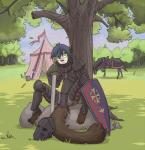 adolescent anthro armor aye-aye clothing digital_media_(artwork) domovoi_lazaroth equid equine female fur hair horse knight lemur mammal melee_weapon outside plant primate shaded sitting solo spread_legs spreading strepsirrhine sword tree warrior weapon white_body white_fur young