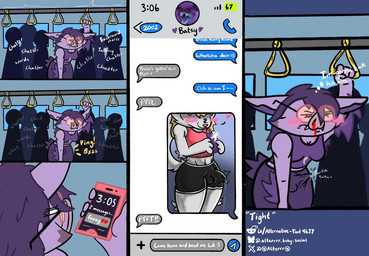 anthro blood bodily_fluids bulge cellphone duo electronics femboy gynomorph gynomorph/male heart_symbol intersex intersex/male male nosebleed phone public text alternativefoot nyx_(alternativefoot) rue_(alternativefoot) bat canid canine fox mammal english_text