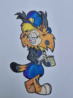 anthro big_feet bottomwear clothing eyeliner feet female fluffy_ears fur head_turned looking_at_viewer makeup notebook orange_body orange_fur pencil_(object) police police_hat police_officer police_uniform red_nose simple_background skirt smile smirk solo spots uniform white_background grommddogg bonkers_(series) betti_b._bobcat bobcat felid feline lynx mammal 2026 3:4 absurd_res hi_res traditional_media_(artwork)