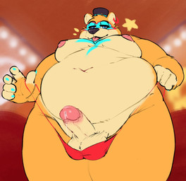 anthro balls belly big_belly big_moobs big_nipples blep blurred_background bodily_fluids clothing clothing_pull ear_piercing ear_ring erection eyebrows facial_markings fur genital_fluids genitals hat head_markings headgear headwear humanoid_genitalia humanoid_penis inside looking_at_viewer love_handles low-angle_view male markings moobs narrowed_eyes navel nipples overweight overweight_anthro overweight_male penis piercing precum ring_piercing rounded_star_polygon smile solo standing star star_polygon thick_thighs thong thong_pull tongue tongue_out top_hat tuft underwear underwear_pull starston five_nights_at_freddy's five_nights_at_freddy's:_security_breach scottgames steel_wool_studios glamrock_freddy bear mammal 2022 digital_media_(artwork)