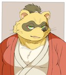 anthro asian_clothing belly brown_body brown_fur clothing cute_fangs east_asian_clothing fangs fur green_eyes japanese_clothing kemono male moobs overweight overweight_male simple_background solo teeth hysk sengoku_puzzle tokugawa_ieyasu canid canine mammal raccoon_dog tanuki 2024 absurd_res hi_res portrait