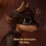 2018 anthro big_eyes bovid bovine cattle collar digital_media_(artwork) english_text exclamation_point facial_piercing googly_eyes horn impact_(font) leash male mammal nose_piercing nose_ring photonoko piercing reaction_image ring_piercing solo soul_devouring_eyes text