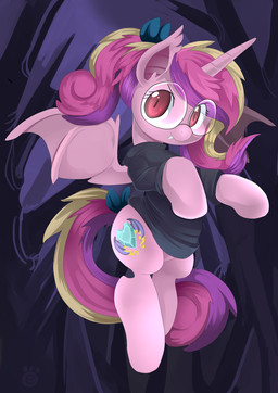 accessory bow_(feature) bow_accessory bow_ribbon cave clothing cutie_mark eyewear fangs female feral flying furgonomics glasses hair hair_accessory hair_bow hair_ribbon horn membrane_(anatomy) membranous_wings multicolored_hair ponytail pupils red_eyes ribbons slit_pupils solo sweater tail tail_accessory tail_bow tail_ribbon teeth topwear underground wings ende friendship_is_magic hasbro my_little_pony mythology princess_cadance_(mlp) equid equine mammal mythological_creature mythological_equine vampire winged_unicorn 2014