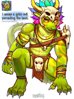 anthro beak bone bone_mask bottomwear clothed clothing dialogue gold_(metal) gold_jewelry green_body headdress headgear horn jewelry loincloth male mask muscular muscular_anthro muscular_male nipples simple_background skull skull_mask solo tail text tongue tribal tribal_jewelry yellow_sclera dunetides terraria shimmered_witch_doctor witch_doctor_(terraria) lihzahrd lizard reptile scalie 2025 digital_media_(artwork) english_text hi_res
