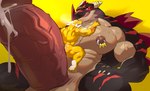 anthro big_dom_small_sub big_penis black_body black_scales bodily_fluids butt cum cum_on_butt dominant dragon duo genital_fluids genitals hi_res huge_penis hyper hyper_genitalia hyper_penis licking licking_lips macro male male/male muscular mythological_creature mythological_scalie mythology nipple_piercing nipples penis piercing scales scalie size_difference tiramisu_(kuroma) tongue tongue_out vein veiny_penis vorusuarts vorusuarts_(character) yellow_body yellow_scales