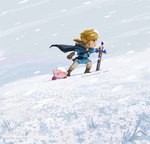 ambiguous_gender blonde_hair boots cape clothing duo fingerless_gloves footwear gloves grass hair handwear humanoid_pointy_ears male master_sword melee_weapon not_furry plant pointy_ears shoes snow sword text weapon winter bettykwong kirby_(series) nintendo the_legend_of_zelda kirby link alien humanoid hylian waddling_head 2022 crossover signature url