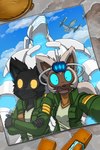 2017 2:3 absurd_res aircraft airship anthro arm_around_neck back_cover black_body black_fur blue_eyes blue_sky brown_body brown_fur clothed clothing cloud colored comic cover crossed_arms day duo female fur green_clothing grey_body grey_fur headgear headwear hi_res hookturn_(kitfox-crimson) in_our_shadow jayrunner_(kitfox-crimson) kitfox-crimson lemur machine male mammal mecha open_mouth open_smile outside photo primate pupils selfie sky smile strepsirrhine vehicle yellow_eyes