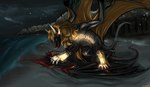 beach black_body black_scales black_wings blood bodily_fluids brown_eyes brown_hair brown_mane brown_wings claws death dripping dripping_blood duo feral glowing glowing_markings glowing_paws glowing_runes gore grey_body grey_scales grey_underbelly hair horn lying male mane markings muscular muscular_male night on_back paws plant red_eyes runes sand scales snow snowfall snowflake snowing tree water white_claws white_horn white_paws wings zenlilly european_mythology flight_rising mythology dragon mythological_creature mythological_scalie obelisk_dragon scalie western_dragon wyvern absurd_res hi_res